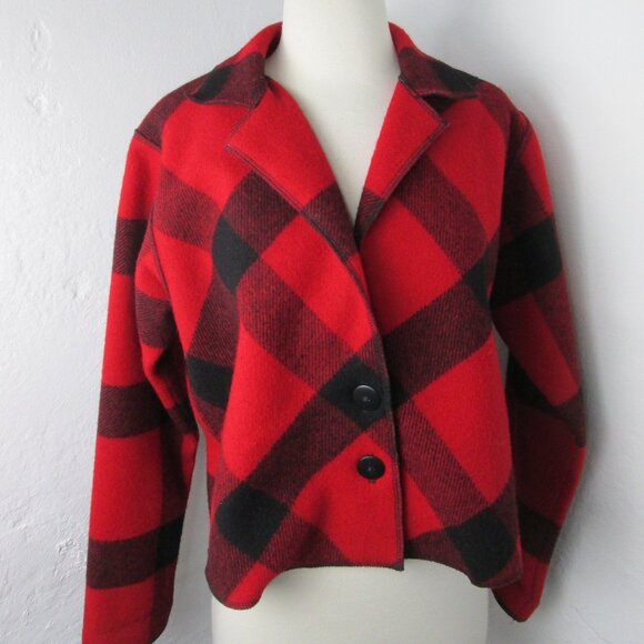 Vintage Cameleon 100% Wool Shrug Crop Jacket Red Buffalo Check 90s - Picture 2 of 7